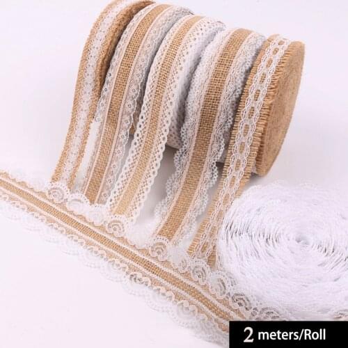 2M 25MM Natural Jute Burlap Rolls Hessian Ribbon with Lace Vintage Rustic wedding Decor Ornament Burlap Party DIY craft Supplies