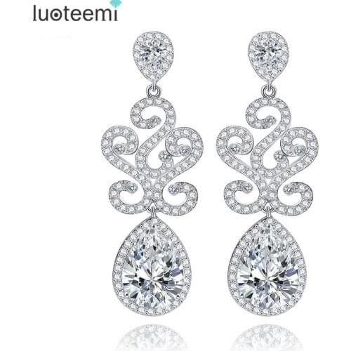 LUOTEEMI New Bridal Long Waterdrop Pendant Drop Earrings for Women White Gold-Color Flower Wedding Brincos Jewelry Accessories