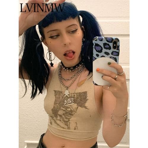 LVINMW Crew Neck Sleeveless Figure Print Basic Slim Tank Solid Casual Simple Summer Crop Top Edge Curl Y2K Tops Women Streetwear