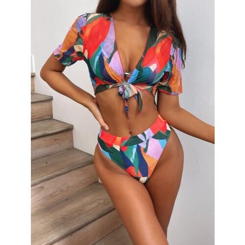 New Sexy 3 Piece Push Up Bikini Set With Half Sleeve High Waist Beachwear Bathing Suits Swimsuits Swimwear Dress