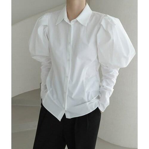 2021 Autumn Korean Version Of Pure White Puff Sleeve Slim Blouse Versatile Single Row Multi-button Temperament Shirt