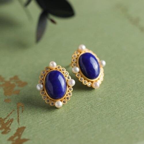 Autumn and winter independent design new blue oval lapis lazuli pearl earrings exquisite charm ladies silver jewelry