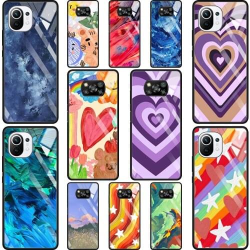 Transparent Glass Phone Case For Mi Poco X3 NFC 10T 9T Note 10 11 Pro Lite Ultra F3 M2 11i Shell Fundas Graffiti Love Heart