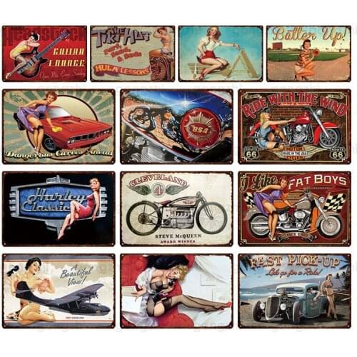 Retro Pin Girl with Car Bus Truck Poster Sexy Lady Vintage Metal Tin Sign Garage Wall Decoration Bar Bar Club Retro Plaque Board