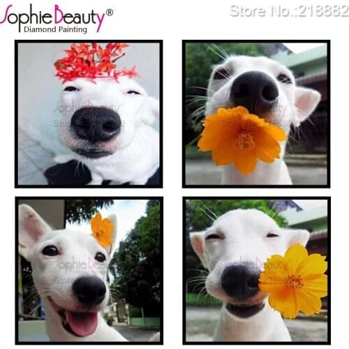 Sophie Beauty New Diy Diamond Painting Cross Stitch Needlework Embroidery Animal White Dog Flower Handcraft Mosaic decor art kit