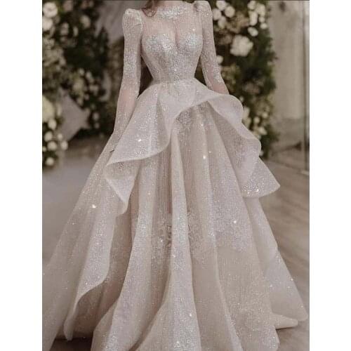 2021 Arabian Design Robe De Mariee O Neck Glitter Bling Bling Lace Long Sleeve Champagne Wedding Dresses