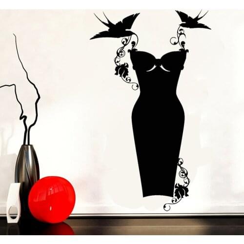 Vinyl Wall Decal Black Dress Shop Fashion Clothes Shopping Wall Sticker Dress Shop Decoration Accessories Removable Mural C061