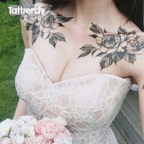 Waterproof Temporary Tattoo Sticker Flower Peony Rose Sketches Flash Tattoos Black Henna Body Art Arm Fake Tatoo Women Girls