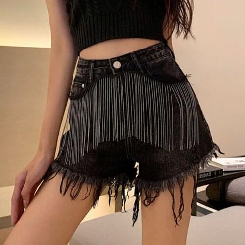 2020 New Summer European New Heavy Fringed Diamond Beads High Waist Jeans Cowboy Shorts Female Fasjion Hole Shorts women