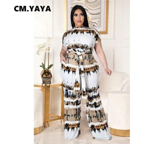 CM.YAYA Women Plus Size Tracksuit Print Short Sleeve Bandage Crop Top Loose Pants Two 2 Piece Set Casual Tracksuit Summer Outfit