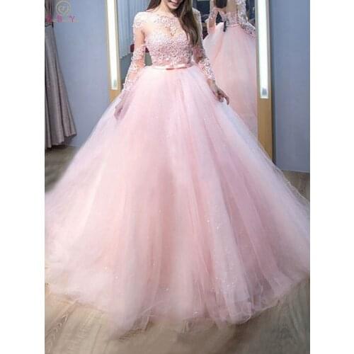 2020 New Quinceanera Dresses Pink Scoop Neck Floor Length Long Sleeve Appliques Ball Gown Formal Party Ceremony Graduation Gowns