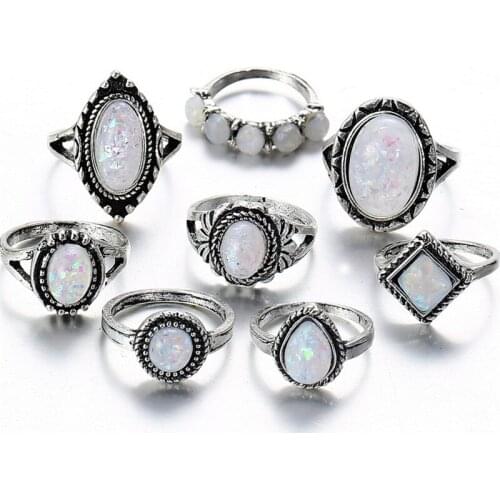 Vintage Silver Color Knuckle Rings for Women Boho Geometric Flower Opals Ring Set Bohemian Midi Finger Jewelry Bague Femme Gifts