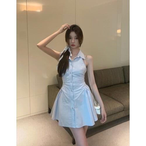 Design halter neck shirt dress female summer 2021 new short sweet slim waist pleated dresses for women