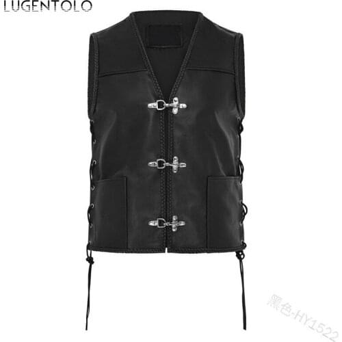 Men Vintage Vest Coat V-neck Leather Vest Single-breasted Pu Jacket Side Bandage Sleeveless Large Size Vests