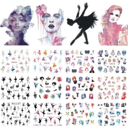 12 Designs Nail Water Sticker Decals Slider Swan Ballet Girl Perfume Lipstick Bag Watermark Decoration Wrap Manicure JIBN889-900