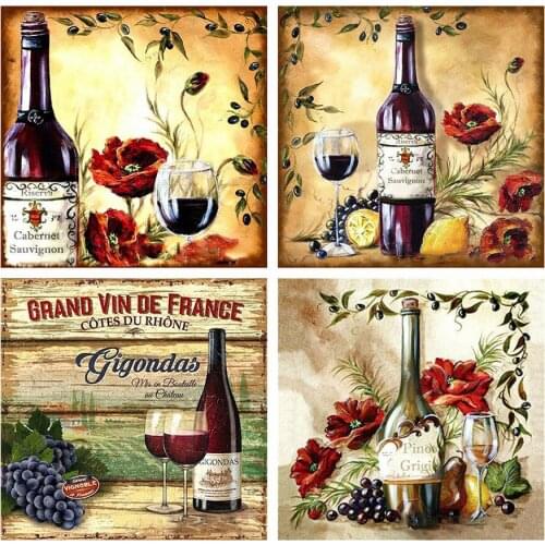 Diy Diamond Painting 4pcs set Fruit wine grapes Full Square Round 5D Diamond Embroidery Mosaic Art Kitchen dining room Decor