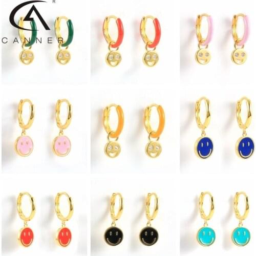 CANNER Colorful Enamel Smile Face Dangle Earrings For Women 925 Silver pendientes Cute Macaron Dripping Oil Earring Fine Jewerly