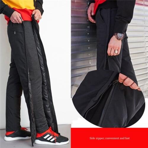 Mens down pants side open double zipper thick white goose down pants sports motorcycle riding warm cotton pants