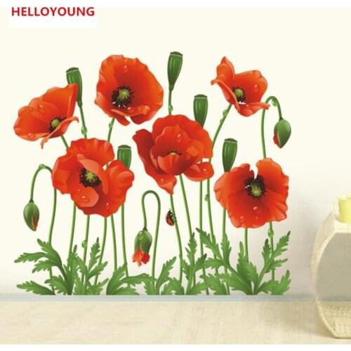 QT-0061 New Red Poppy Removable Art Waterproof Bedroom Wall Stickers Home Decor Art Flower Vinyl Mural Wall Decals Removable