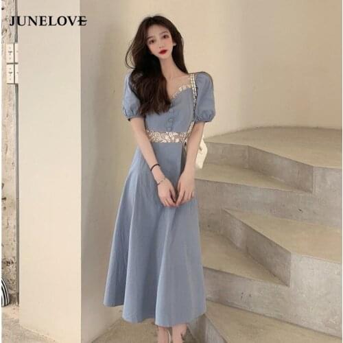 JuneLove French Style Vintage V-Neck Elegant Dress Women Short Sleeve Summer New Fashion Lace Patchwork High Waist Party Dress