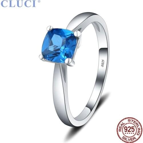 CLUCI Silver 925 Big Blue Zircon Ring Jewelry Simple Classic Women Sterling Silver Wedding Engagement Ring DR1037SB