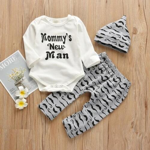 Newborn Infant Baby Boy Clothes Outfit Set Cotton Long Sleeve Letter Mommys New Man Bodysuits and Moustache Pants Hat