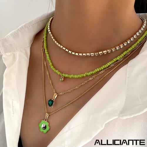 Handmade Green Crystal Heart Rice Beaded Necklace For Women Multilayer Flower Choker Pendant Necklaces Summer Beach Jewelry Gift