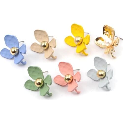 8Seasons Zinc Based Alloy & Acrylic Ear Post Stud Earrings Findings Flower Gold White Imitation Pearl W/ Loop 22mx 16mm, 6 PCs