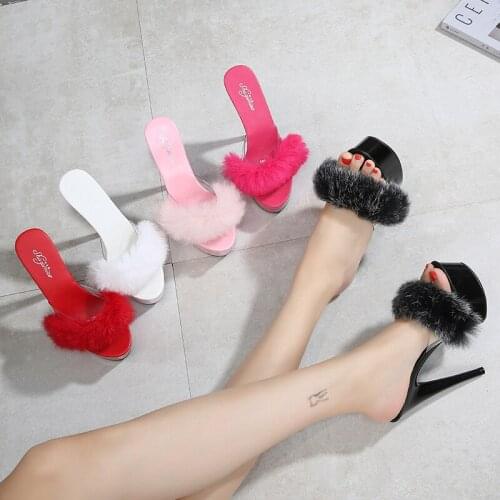 Summer novelty Rabbits hair Shallow Open Toe 15CM High heeled shoes Thick platform Slippers 6 inches Glitter Rhinestone Sweet