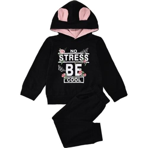 2021 New Child Girls Tracksuit Clothes Set Kids Letter Hoodie Tops Solid Pants Outfits Cute Rabbit Ear Pullover Sweater 2-7Y