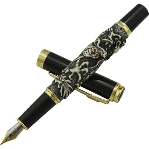 Jinhao Vintage Fountain Pen Auspicious Dragon Carving Heavy Pen, Iridium Fine Nib Noble Gray Business Office School Supplies