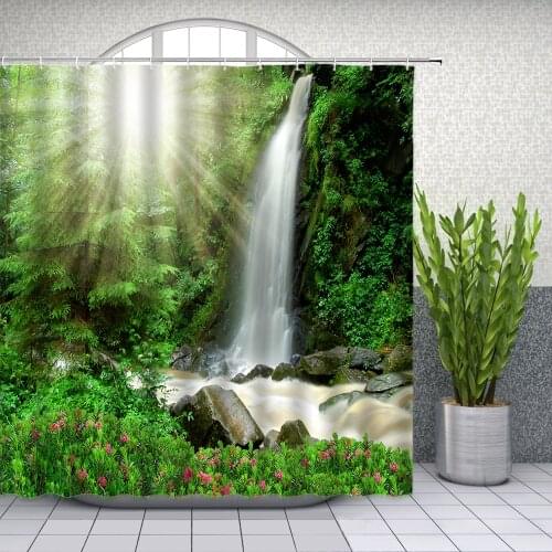 Waterfall Scenery Shower Curtains Spring Green Plant Flower Natural Landscape Bathroom Decor Home Bath Waterproof Cloth Curtain