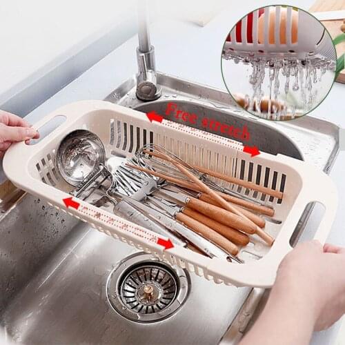 Retractable Drain Basket Kitchen Storage Container Multi-Purpose Washing Basket Sink Organizer Hollow Fruit Baskets Shelf