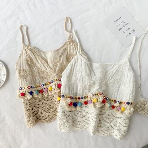 Saliency 2020 Summer Bohemian Ethnic Style Hollow Knit Rainbow Tassel Color Ball Camisole Top Coat Small Shirt Women
