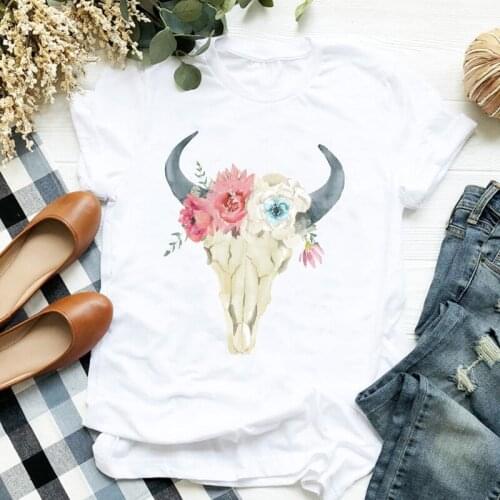 Women Lady Floral Skull Heifer Cow Vintage Animal Print Ladies T Tee Tshirt Womens Shirt Clothes Female Top Graphic T-shirt