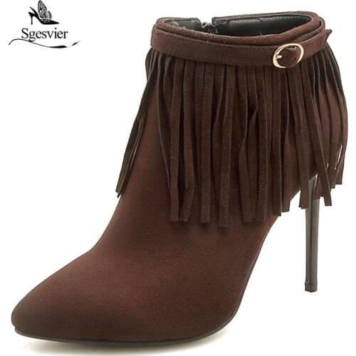 Sgesvier Party Woman Fashion High Heels Pointed Toe Womens Shoes Sexy Tassel Winter Ankle Boots female Big Sizes 33-46 OX842
