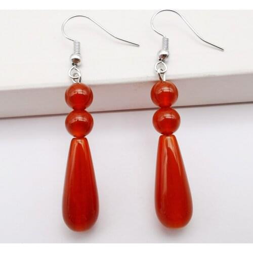 Natural Red Carnelian Stone Teardrop Beads Dangle Earrings Women Jewelry T081