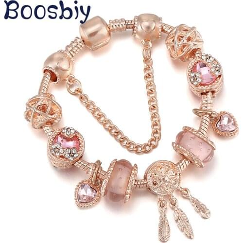 Rose Gold Color Dreamcatcher Pendant Charm Bracelets With Little Love Heart Beads DIY Brand Bracelet For Women Jewelry Gift