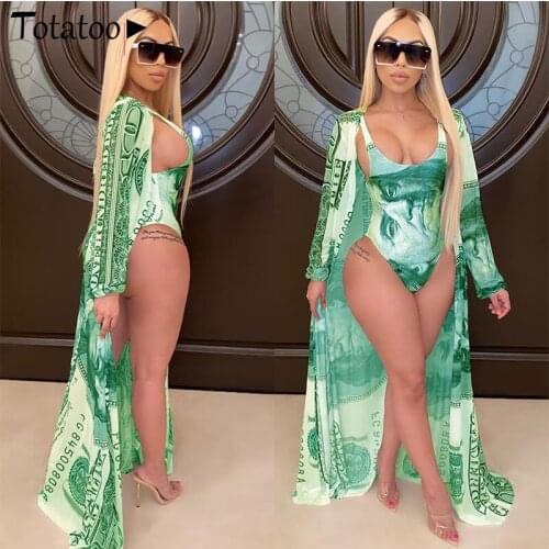 Totatoop Dollar Money Print Sexy Two Piece Set For Women Sleeveless Fitness Bodysuit Maxi Cardigan Beach Boho Suits Outfits