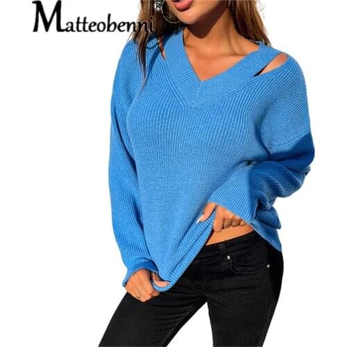 Autumn Spring V-neck Off Shoulder Sweater Women Hollow Out Design Slim Long Sleeve Solid Color Casual Loose Knitted Top Women