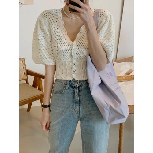 Summer Casual Knitwear Sweater Puff Sleeve 2021 New Hollow Out Crochet Flower Cardigan Women Elegant V Neck Slim Knit Crop Tops