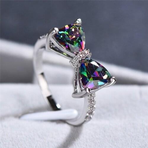 Female Cute Bowknot Rainbow Crystal Ring Multicolor Zircon Stone Engagement Ring Boho Silver Color Wedding Rings For Women Bride