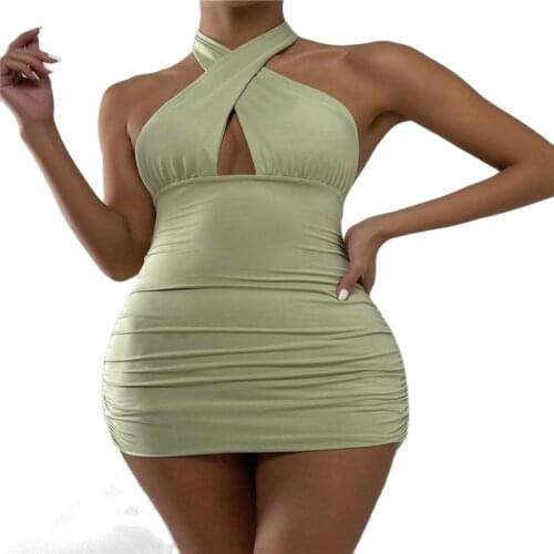 2021 High Quality Early Autumn New Ladies Cross Lace Halter Neck Dress Sexy Hollow Fold Bag Hip Skirt