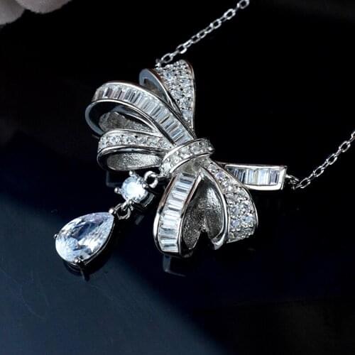 Hot brand pure 925 sterling silver lady bow necklace, luxurious romantic style, engagement and wedding anniversary jewelry.girl