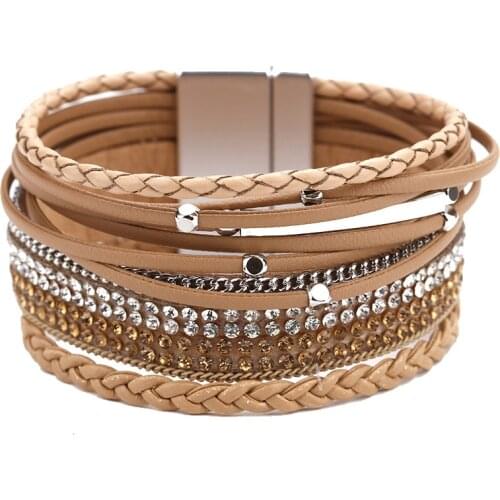 ALLYES Women Leather Bracelet Femme Bohemian Multi-layer Crystal Vintage Female Braid Rope Wrap Bracelets & Bangles Jewelry