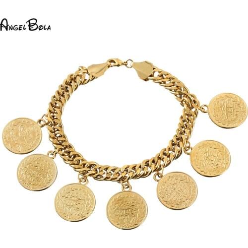 Arab Allah Jewelry Length 23CM/Turkey Coin Bracelet for Women Gold Color Turks Simgesi Osmanli Turasi Muslim Islam Bangles