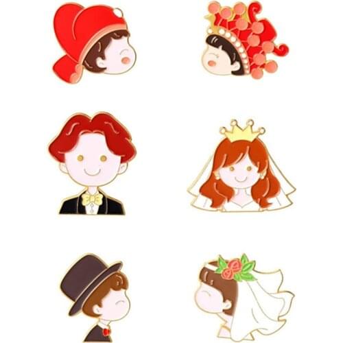 Bride And Groom Avatar Enamel Lapel Pins Badges Fashion Women Vintage Brooches On Backpack Cute Hijab Pins Metal Cartoons Badges