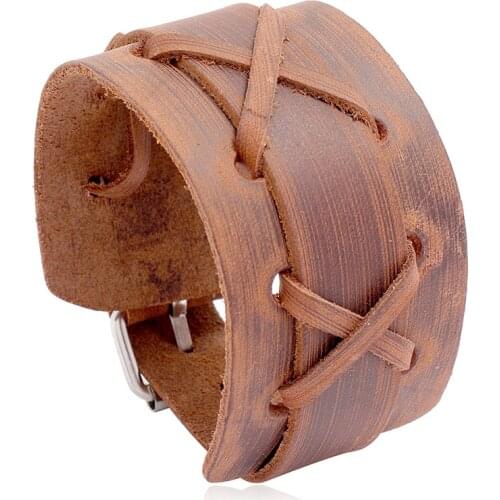 Black Brown Genuine Leather X Symbol Layer Wide Wrap Bangle Punk Men Watch Strap Bracelet Jewelry Pulsera Hombre