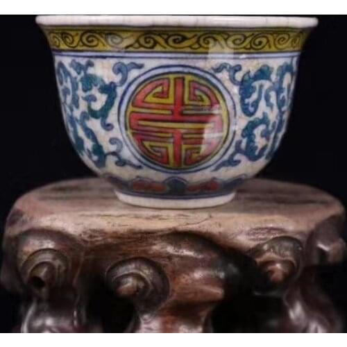 Collection of Chinese hand-painted Kailuan pieces Doucai Fushou picture cup/blue and white glaze red red shou lettering cup
