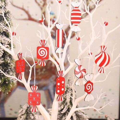 3pcs Creative Cartoon Wooden Candy Christmas Tree Decoration Hanging Pendant Xmas Drop Ornaments Party Home Decor New Year